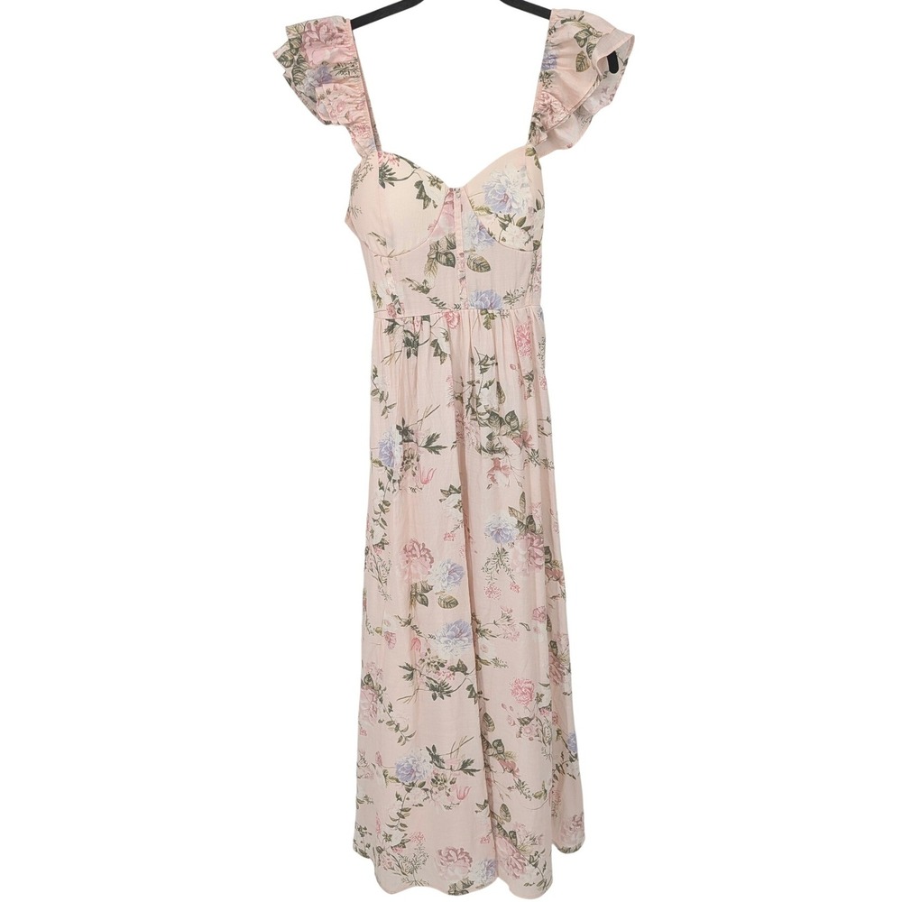 By the River‎ Maxi Dress Womens Large Pink Floral Ruffle Sleeve Bustier Romantic